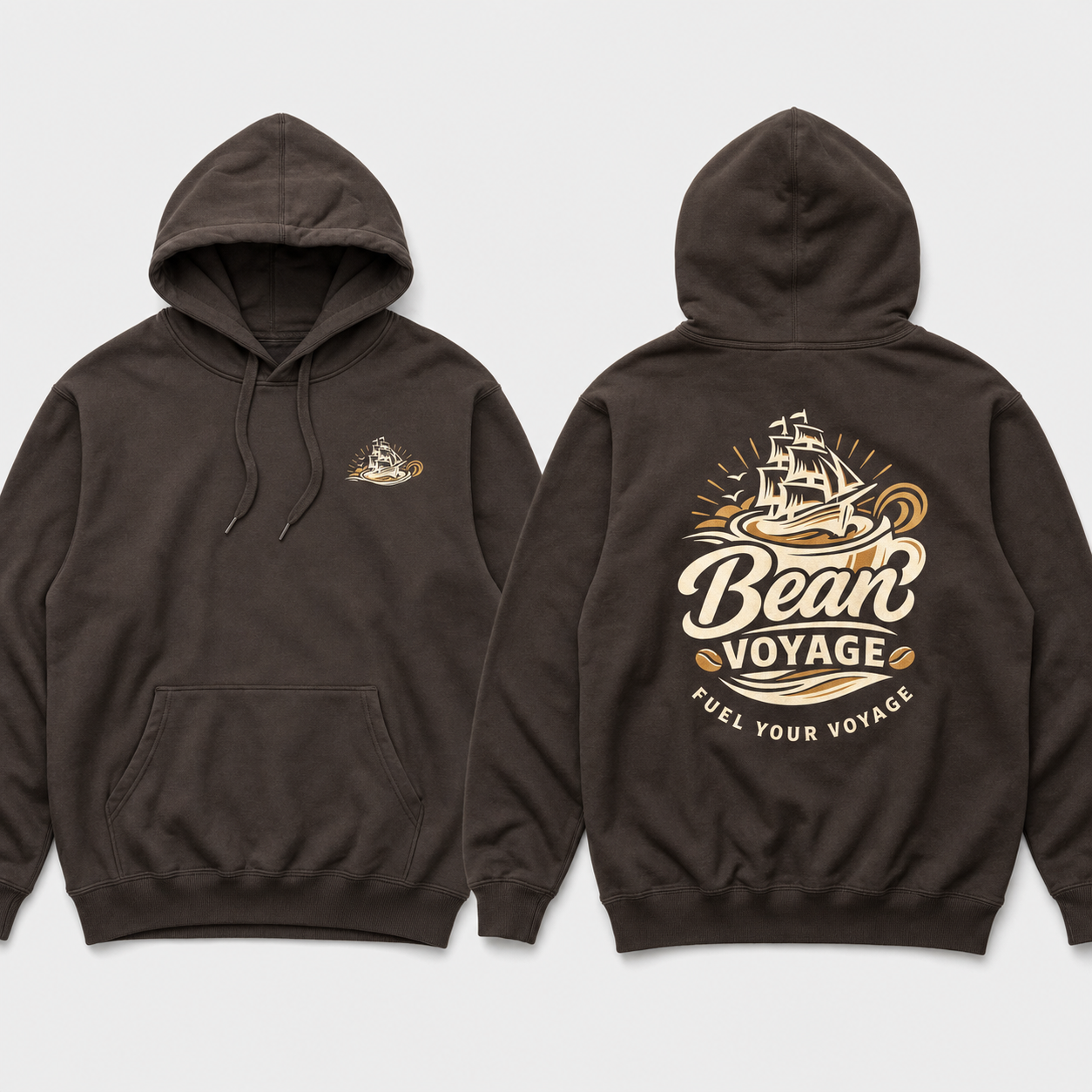 Bean Voyage Espresso Hoodie - brown hoodie front and back with full logo