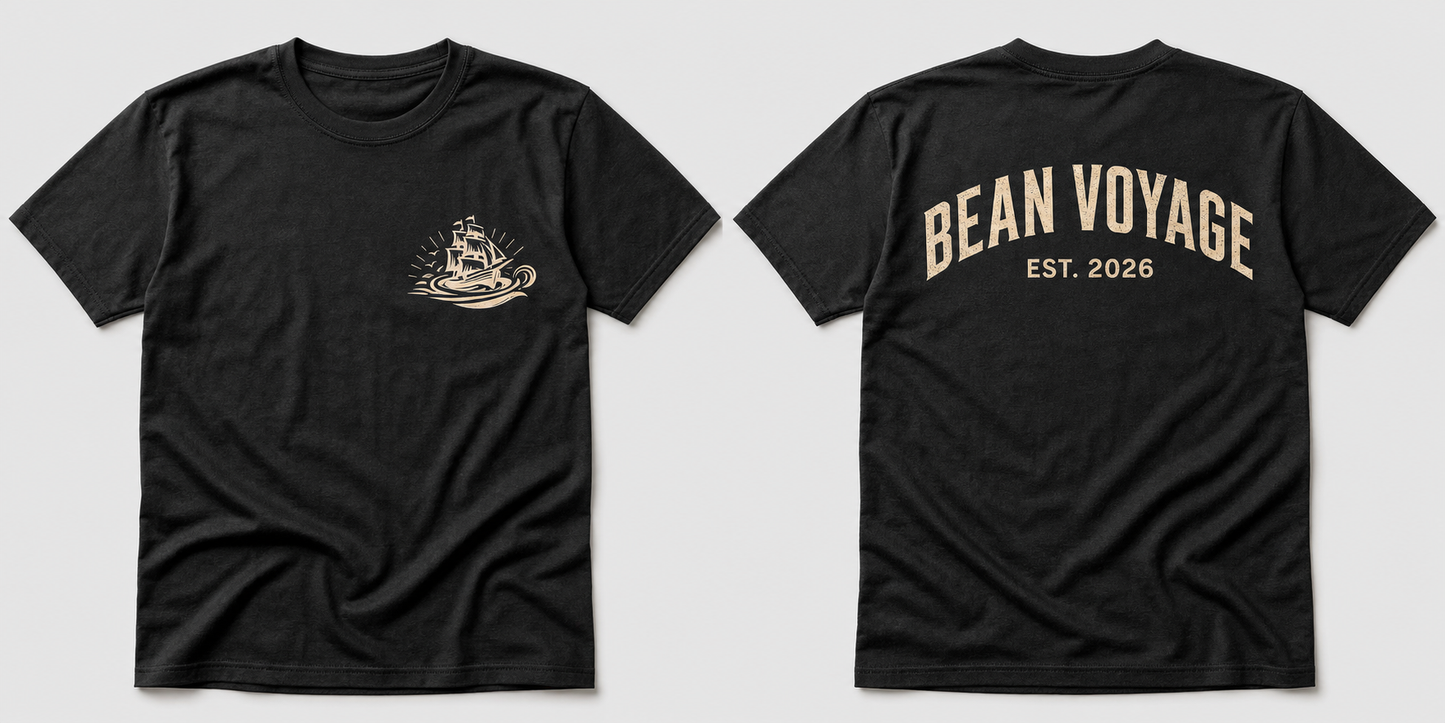Bean Voyage Minimalist Tee - black tee front and back with ship icon
